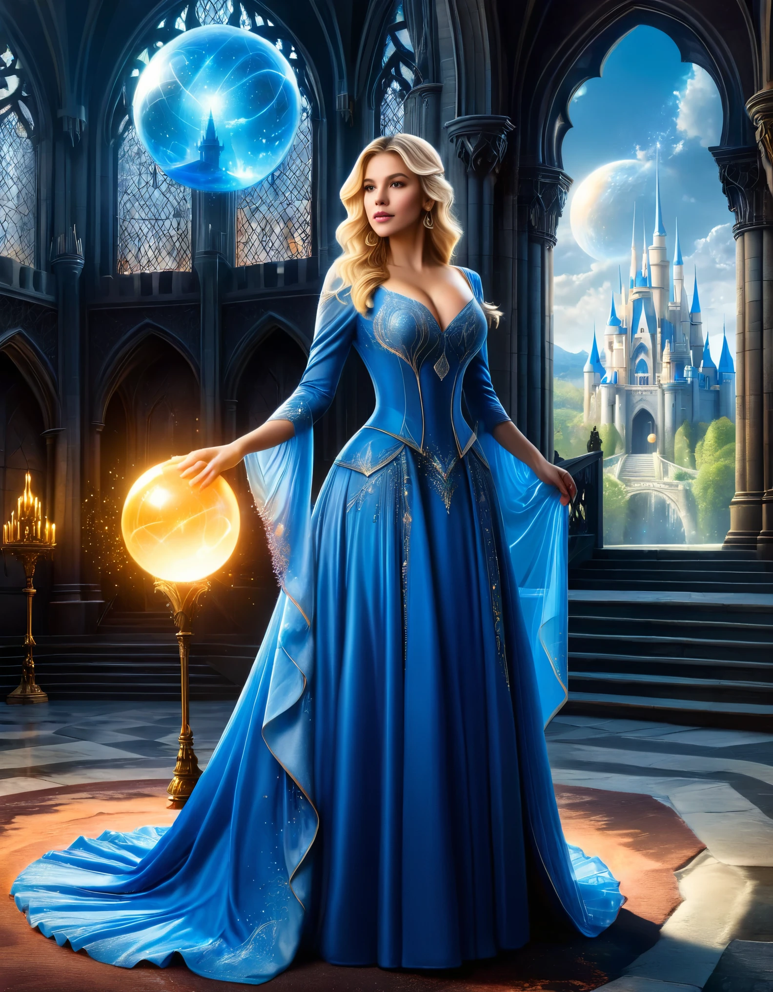 A blonde woman in a blue gown, holding a glowing orb, standing in a majestic fantasy castle with towering spires and intricate details.