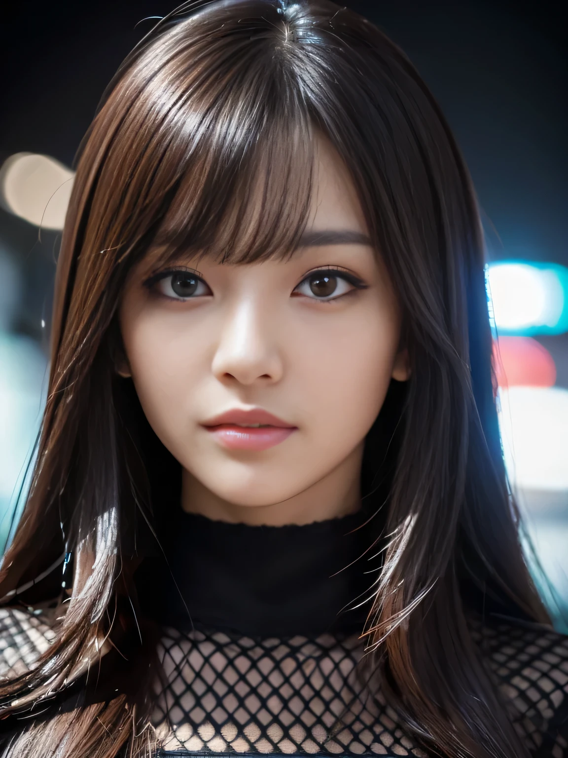 masterpiece, best quality, ultra-detailed, intricately detailed hyperdetailed, realistic, sharp features, highly detailed, sharp focus, Japanese idol, perfect face, perfect symmetrically perfect eyes, perfect full lips, flexible female form, cinematic, neon light, Shadow, hyper detailed, hyper realistic, high resolution, vibrant, dynamic lighting, background, (long hair, straight Bangs), brown Eyes, Black knit, Portraiture,