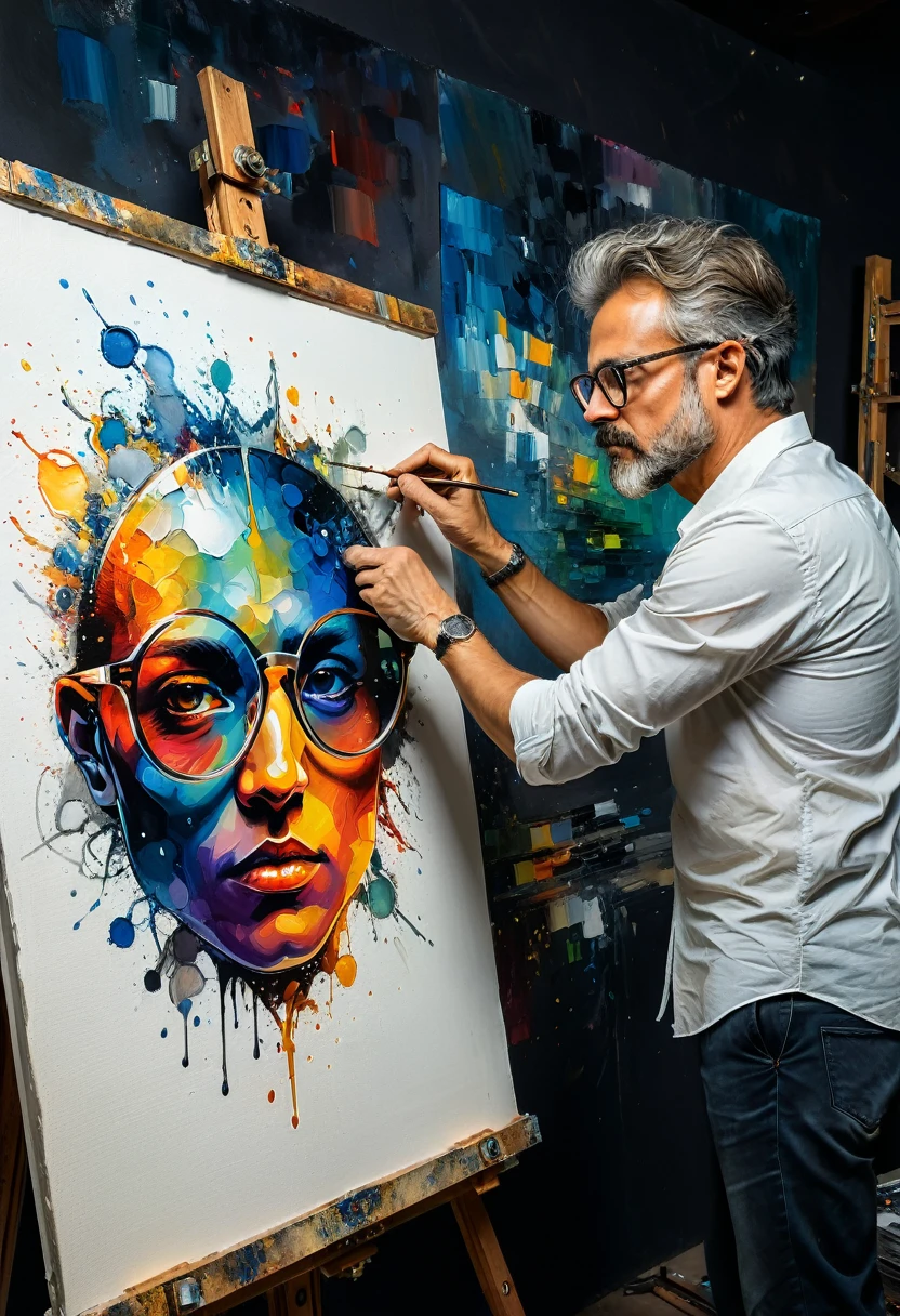 (Wearing Glasses, face), the artist is wearing circular metal framed glasses in the studio, carefully adjusting the colors on the canvas. The edges of the glasses are stained with a little paint, and the background is the canvas and painting tools, full body, (Photography), panoramic view, award-winning, cinematic still, emotional, vignette, dynamic, vivid, (masterpiece, best quality, Professional, perfect composition, very aesthetic, absurdres, ultra-detailed, intricate details:1.3)