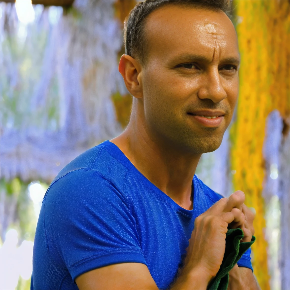 A man in a yoga studio, yoga mat, wood floor, wearing gym clothes, happy, holding towel (best quality,4k,8k,highres,masterpiece:1.2),ultra-detailed,(realistic,photorealistic,photo-realistic:1.37),HDR,UHD,studio lighting,ultra-fine painting,sharp focus,physically-based rendering,extreme detail description,professional,vivid colors,bokeh,detailed eyes,detailed nose,detailed lips,,yoga,meditation,peace,calm,serene,arms crossed, muscular, natural lighting,warm color tone,soft shadows Todder8 todder1