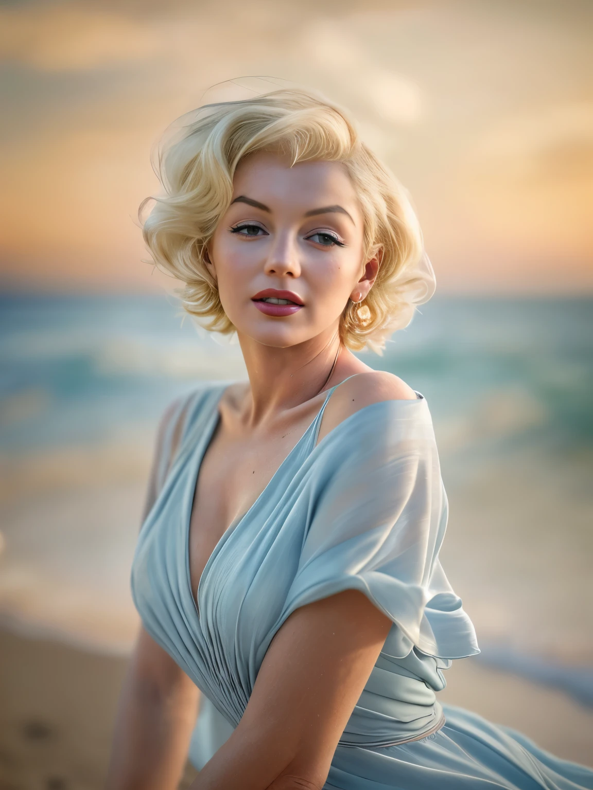 Complex scenes, perfect, dreamy aesthetics, beautiful Marilyn Monroe photo, 36 years old, (One woman)), solo, earrings, fun raw photo with exciting breasts in seductive clothes, cleavage, white hair, white skin, always wearing makeup, red lips, attractive posture, sunset, refreshing breeze, very attractive, dynamic pose, ((wearing a black dress)), sea, sunset, alone on the beach, amazingly gorgeous, flirty and playful, Marilyn Monroe face, clear eyes, precise facial features, upper body angle, smooth, slightly powdered skin texture, feathering, (detailed skin), realistic and realistic texture, muffled light, gradient blending, perfect face proportions, dense skin, optimal ratio of four fingers to one thumb, arms under the chest,