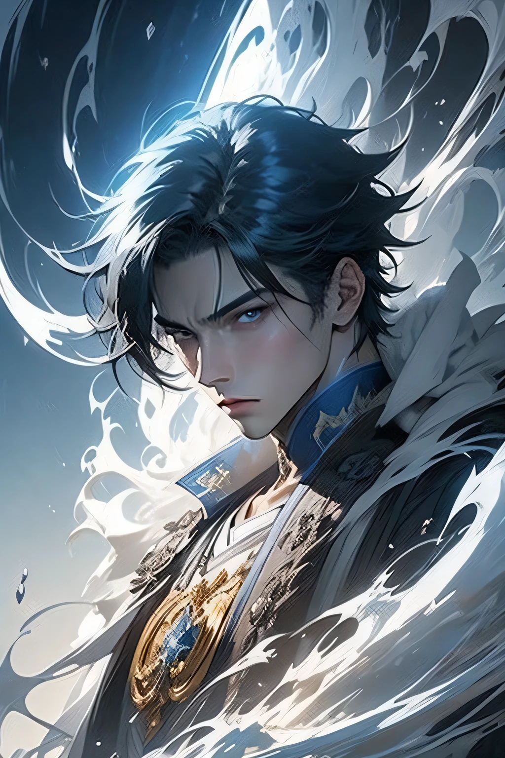 Masterpiece, 1 cool boy, kingdom style, handsome, looking at viewers, half body, White Moonlight, black hair with bangs, Good skin , blue eyes, bright blue eyes, detail face, Two-Dimensional School Top quality, Masterpiece Ripe point