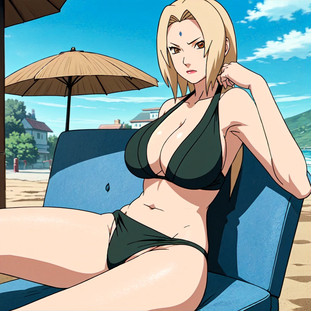 masterwork, best quality, Sharpness, Tsunade Senju, bikini, detailed, bigtits, beach, shy, Jiraiya, peeking