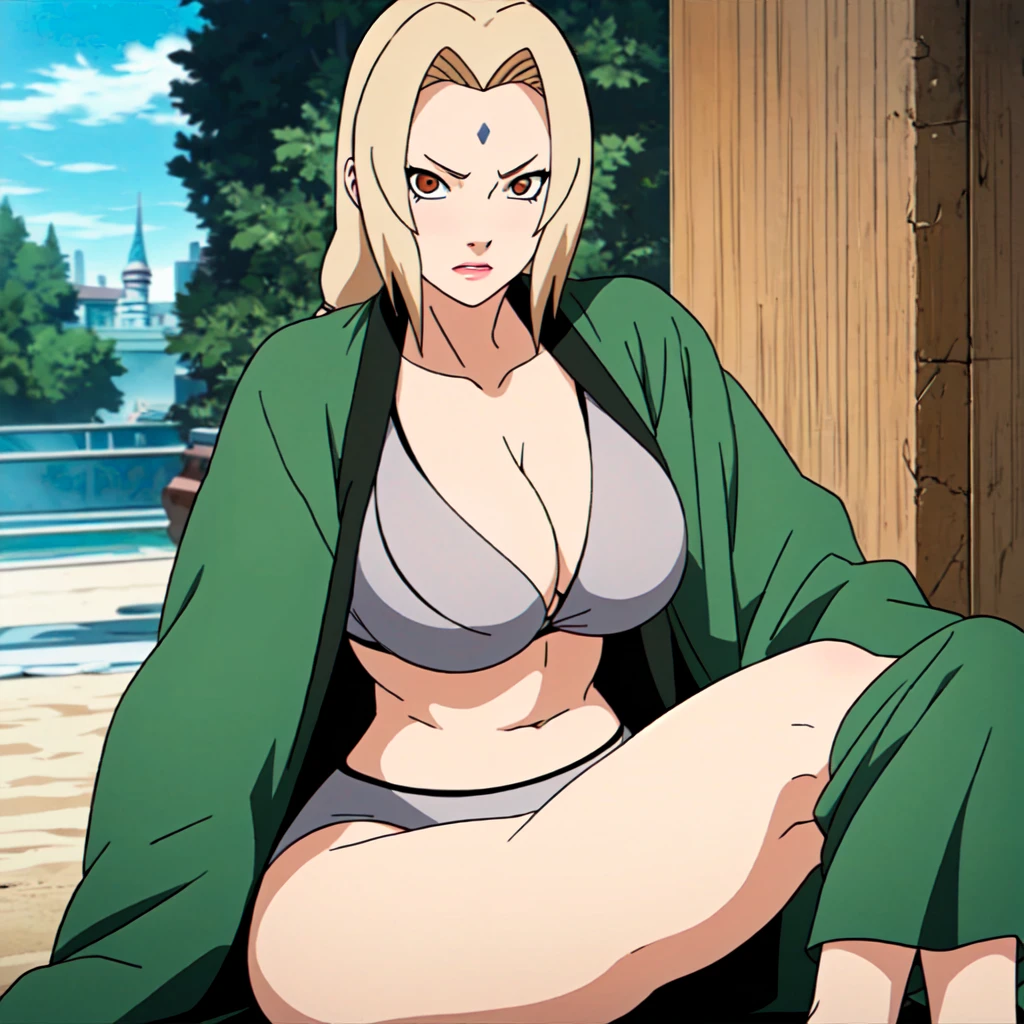 masterwork, best quality, Sharpness, Tsunade Senju, bikini, detailed, bigtits, beach, shy, Jiraiya, peeking