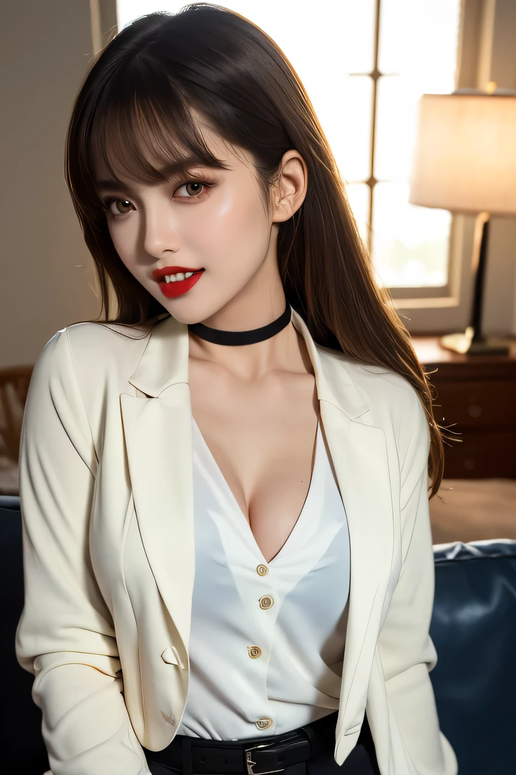 (Highest quality, masterpiece:1.3, Ultra-high resolution), (Very detailed, Caustics), (Realistic:1.4, RAW shooting), Ultra-Realistic Capture, Very detailed,High resolution 16k, Human skin close-up, The skin texture is natural, It must be detailed enough to be easily identifiable,  Skin should look healthy and have an even tone, Use natural light and color, ((Ivory white blouse、blazer:1.4)), ((the body is slim)), girl, Japanese, 18-year-old, cute, Straight Long Hair, Big Breasts, smile, Turn your body forward, (View from the front:1.1), Looking into the camera, Light brown hair, ((Black Choker)), Very long and bushy eyelashes, blue eyes, bangs, Big Breasts, Red lips, ((lounge)), Vampire Fangs:1.2、Vampire&#39;s tooth、tooth，Bright natural light、Bright interior、