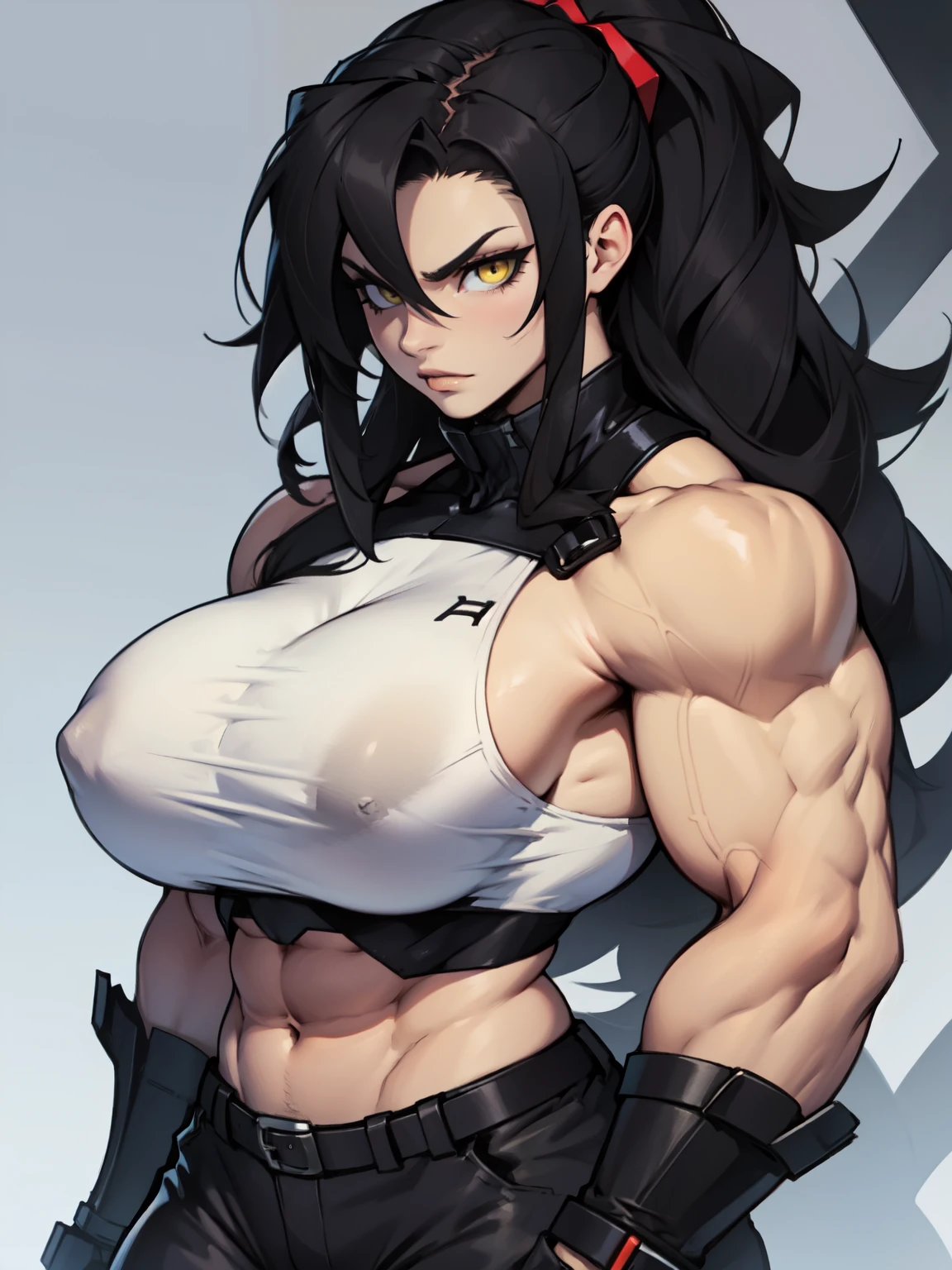 massive hair massive breasts massive muscles massively thick pale skin black hair yellow eyes