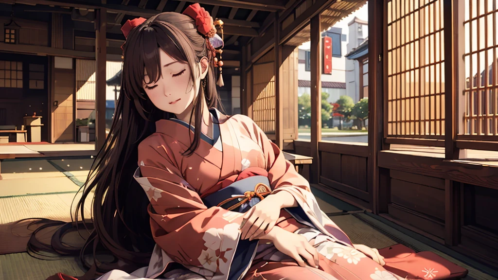 masterpiece, Highest quality, Highest quality, masterpiece, High resolution, concentrated,Japan,Japanese,Japan,Japanese style,Waka,Chihayafuru,Sleep,Sleep学習,Twelve-layered kimono,No text,sleep