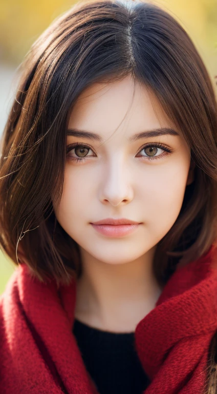Mikasa, 19 year old young woman, Best quality, High resolution, Short hair, Black eyes, see viewer, black sweater, wearing red scarf , Highest quality, high resolution
