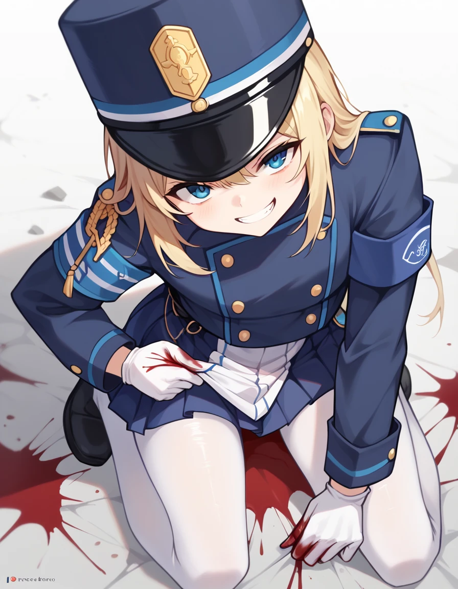 score_9, score_8_superior, score_7_superior, break ,evaluation_Explicit,
Pull cloth, One girl, gloves, alone, white gloves, Have,  White Pantyhose, uniform, Blue hat, Blue pleated skirt,Armband,  Jacket,  Long sleeve, blue Jacket,Blood,Grin
 