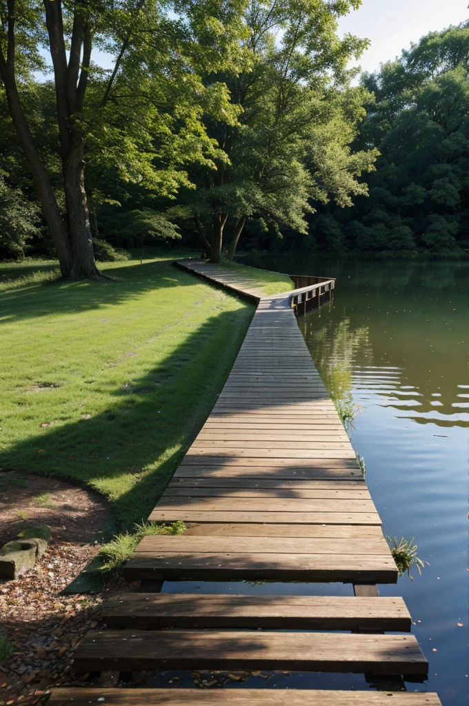 Lake with half way of wood path
