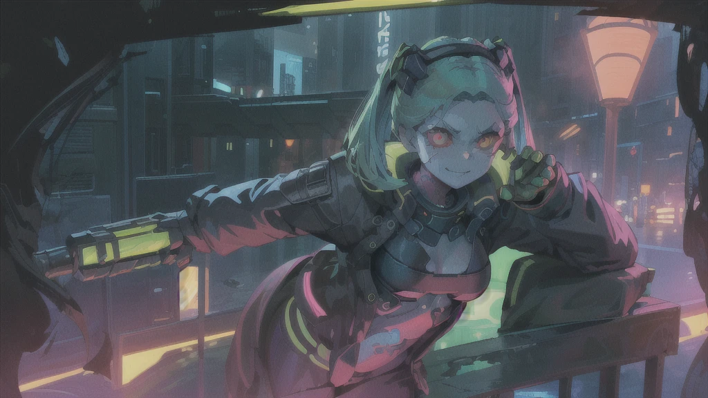 masterpiece, best quality, ultra-detailed, illustration, epic lighting, cinematic composition, 1girl, cute, red sclera,red pupils, cyborgunder, tattoo, green hair, colored skin, small breasts, black jacket, standing, legs apart, enchanting gaze, captivating pose, upper body:1.1, looking at viewer, smirk, closed mouth, outdoors, city, cyberpunk, neon lights, street, (night, dark, darkness, pitch black, shadows:1.4), (8k:1.1),  