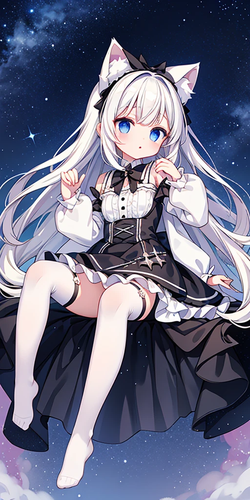 Cute lolita with cat ears，Long white hair，White Princess Dresses，Black gloves，No shoes，black knee-length stockings，Severe，Starry sky background