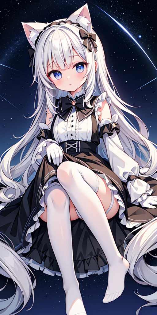 Cute lolita with cat ears,Long white hair,White Princess Dresses,Black gloves,No shoes,black knee-length stockings,Severe,Starry sky background