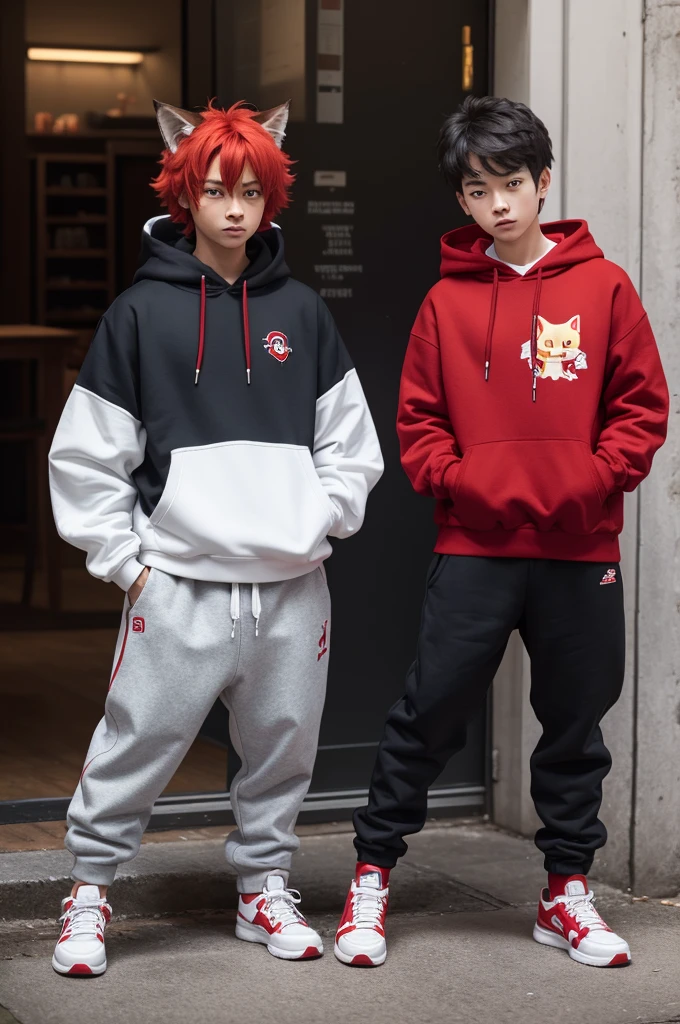 A Red Cat, with a dark red sweatshirt, com um ziper do pokemon, and red eyes, and red ears, and gray pants, blue and white sneakers, And white gloves