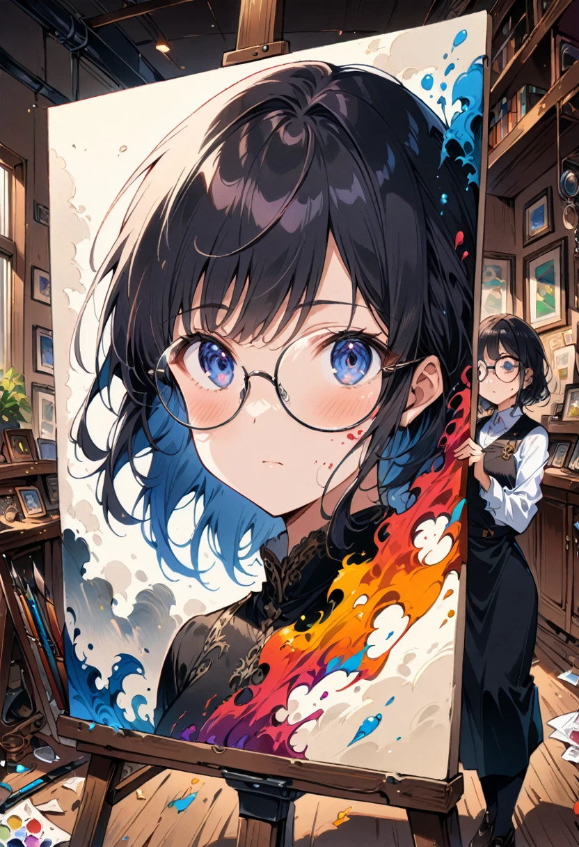 (1girl, Wearing Glasses, face), the artist is wearing circular metal framed glasses in the studio, carefully adjusting the colors on the canvas. The edges of the glasses are stained with a little paint, and the background is the canvas and painting tools, full body, (Photography), panoramic view, award-winning, cinematic still, emotional, vignette, dynamic, vivid, (masterpiece, best quality, Professional, perfect composition, very aesthetic, absurdres, ultra-detailed, intricate details:1.3)
