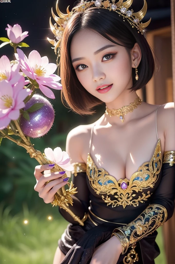 sexy Thai model who controls poison、beautiful smile、lipgloss、dramatic makeup、look at the camera、full body Esbian、、sparkling poisoned enchanted flower costume、、、、shiny sparkling colorful short hair、secrete poison、skull hair accessories、detailed tights、shiny sparkling dark magic forest background