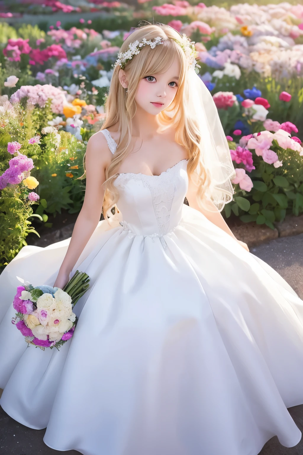 A girl wearing a white dress shaped like a wedding dress。The girl has long, fluffy blonde hair.。whole body。The skirt of the dress is covered with colorful flowers.。Watercolor。Anime style。