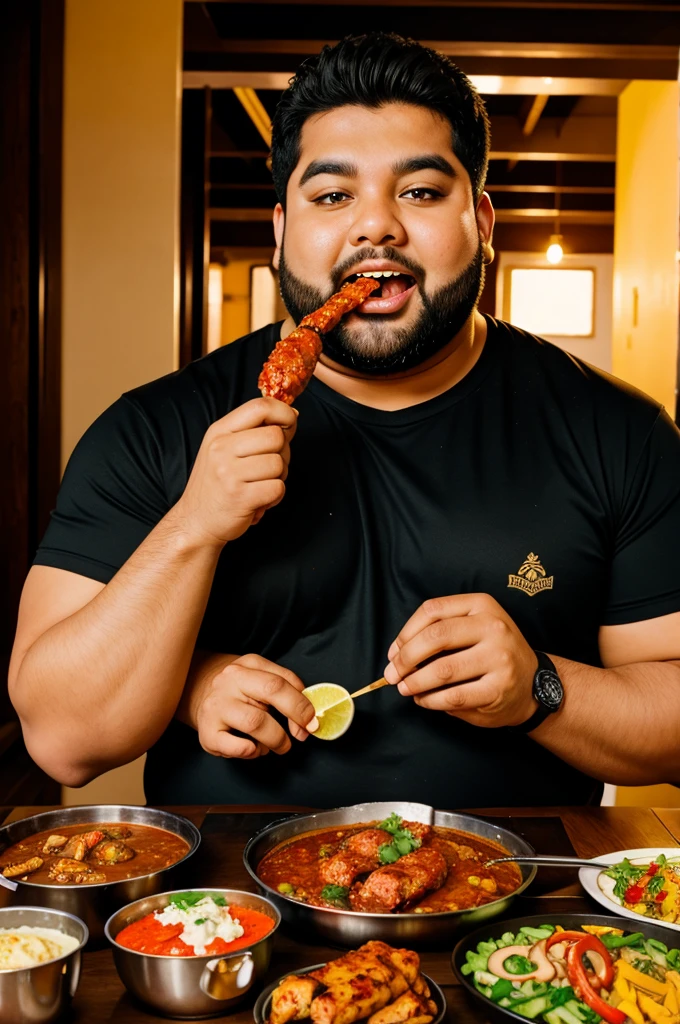 Fat boy eating full tandoori anime