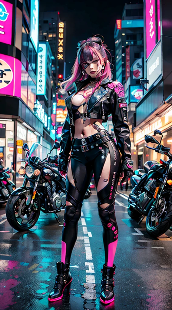 masterpiece, best quality, Confident cyberpunk girl, full body shot, ((standing in front of motorcycle)), Harajuku-inspired pop outfit, bold colors and patterns, eye-catching accessories, trendy and innovative hairstyle, vibrant makeup, Cyberpunk dazzling cityscape, skyscrapers, neon signs, LED lights, bright and vivid color scheme, anime, illustration, detailed skin texture, detailed cloth texture, beautiful detailed face, intricate details, ultra detailed.