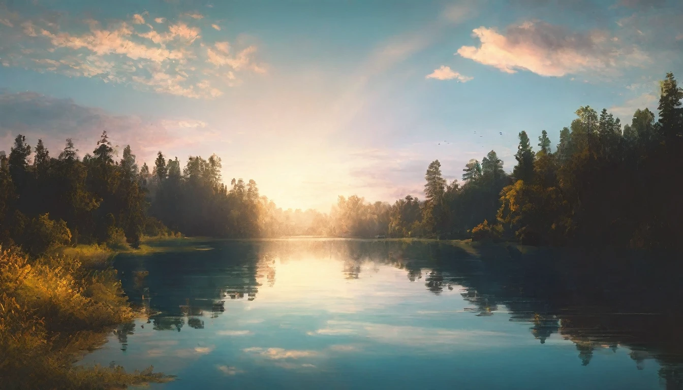 High-quality illustrations, wallpaper of smartphones, summer, lake, dawn, forest, clouds, masterpiece, cinematic, soft light, depth of field, ray tracing, reflection in water, dramatic composition,