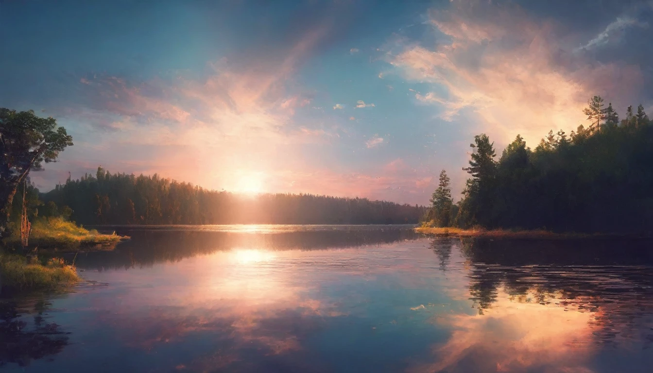 High-quality illustrations, wallpaper of smartphones, summer, lake, dawn, forest, clouds, masterpiece, cinematic, soft light, depth of field, ray tracing, reflection in water, dramatic composition,