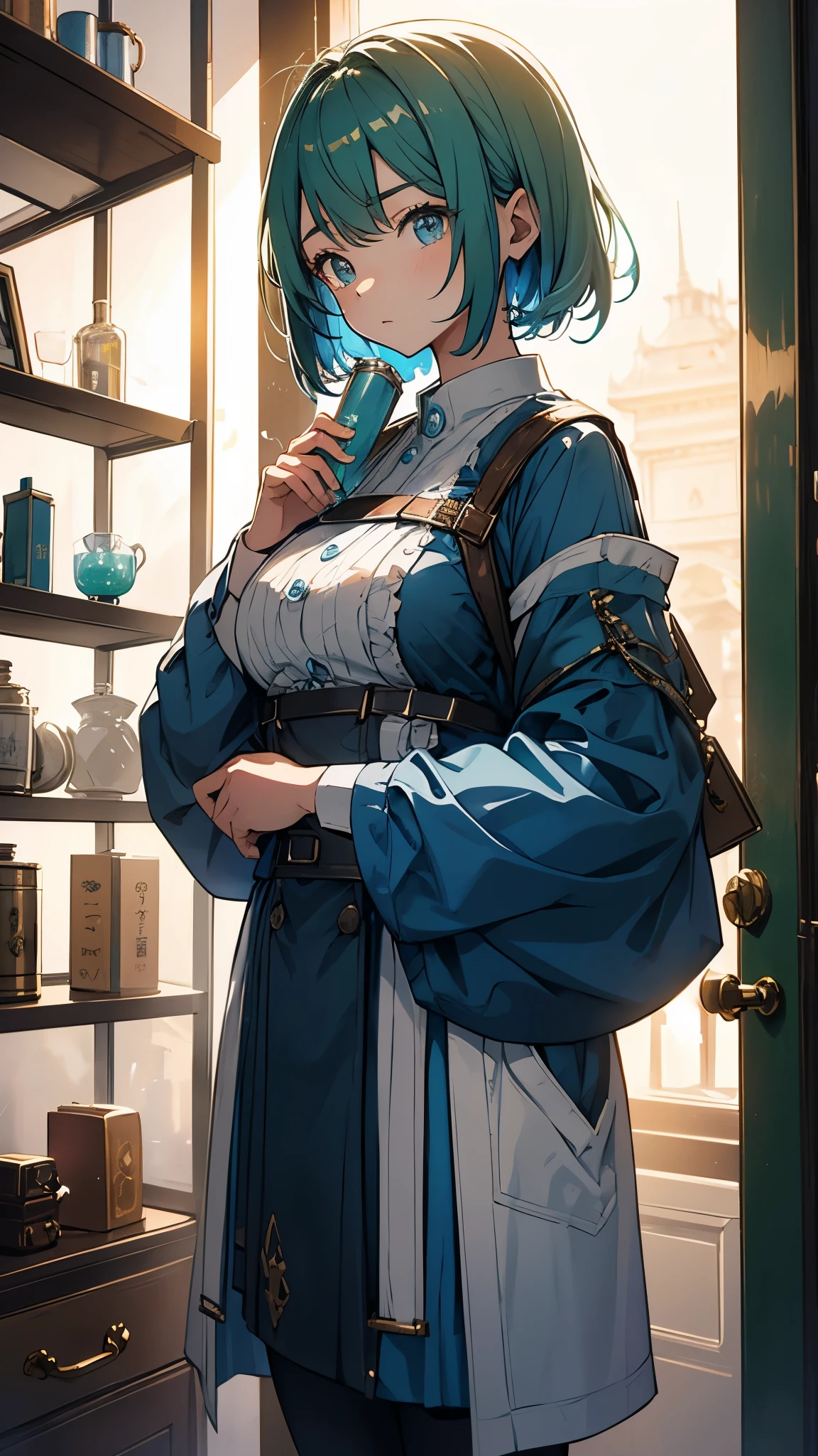 Magic researcher girl。He holds a flask filled with green liquid、Smoke is coming out。There are many thick dictionaries stacked up、room。