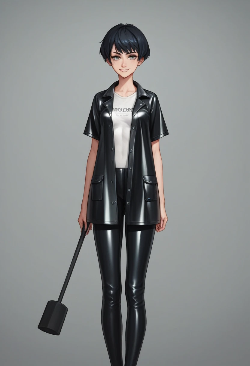 ((very tall girl)), 1 girl, full height, black very short hair, small breasts, in a long ((((black)))) leather raincoat, raincoat unbuttoned, small breasts, gray eyes, smiling, T-shirt and pants under the raincoat, holding a long shovel in his hand, 1 girl in the frame, black raincoat, 1 shovel, gloomy background
