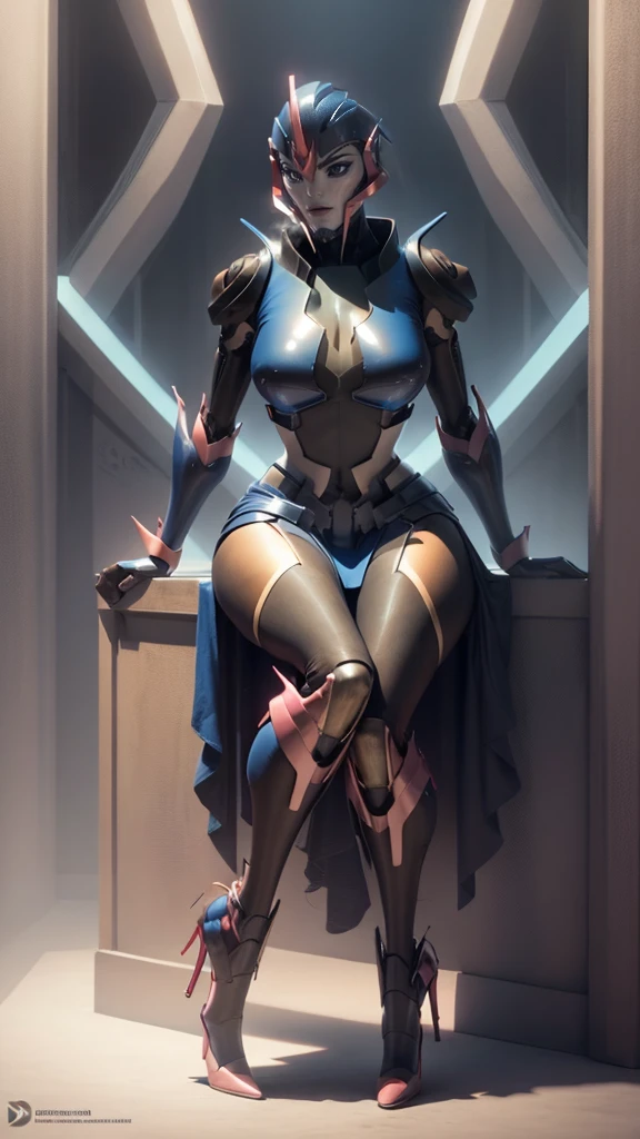 ,Arcee, solo,cleavage, ((whole body and legs in frame)), full body, soft lighting, nightclub, high heel pumps,big hips ,sitting,(detailed face) (detailed eyes) (detailed lips), dress,