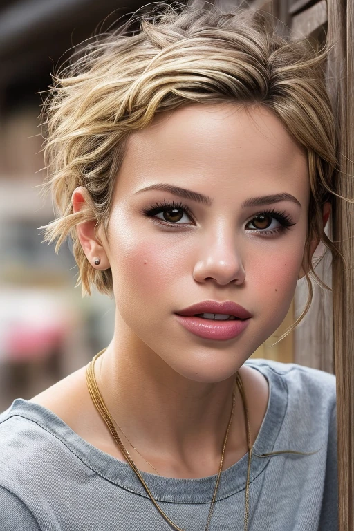 headshot photo of photo of HalstonSage, focus on face, wearing a tshirt and jeans , her hair is styled as fluffy pixie, outdoor