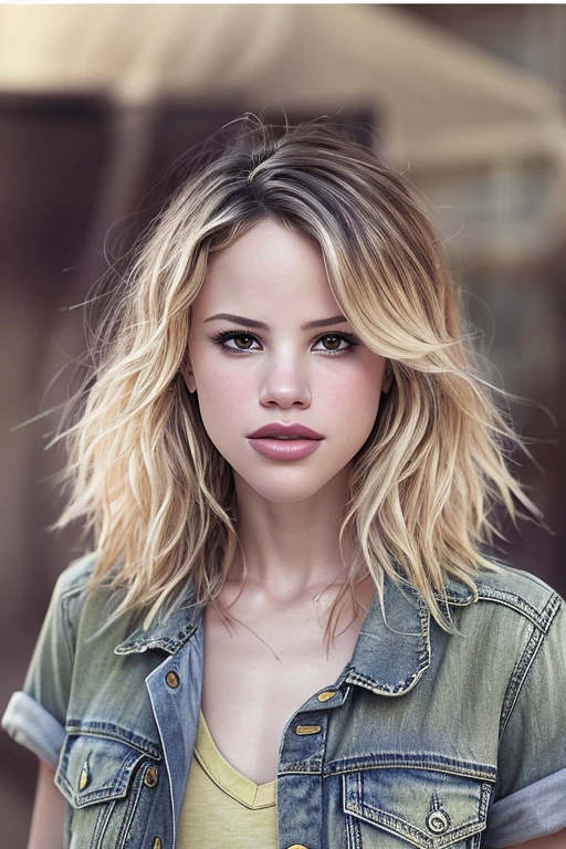 headshot photo of photo of HalstonSage, focus on face, wearing a tshirt and jeans , her hair is styled as fluffy pixie, outdoor