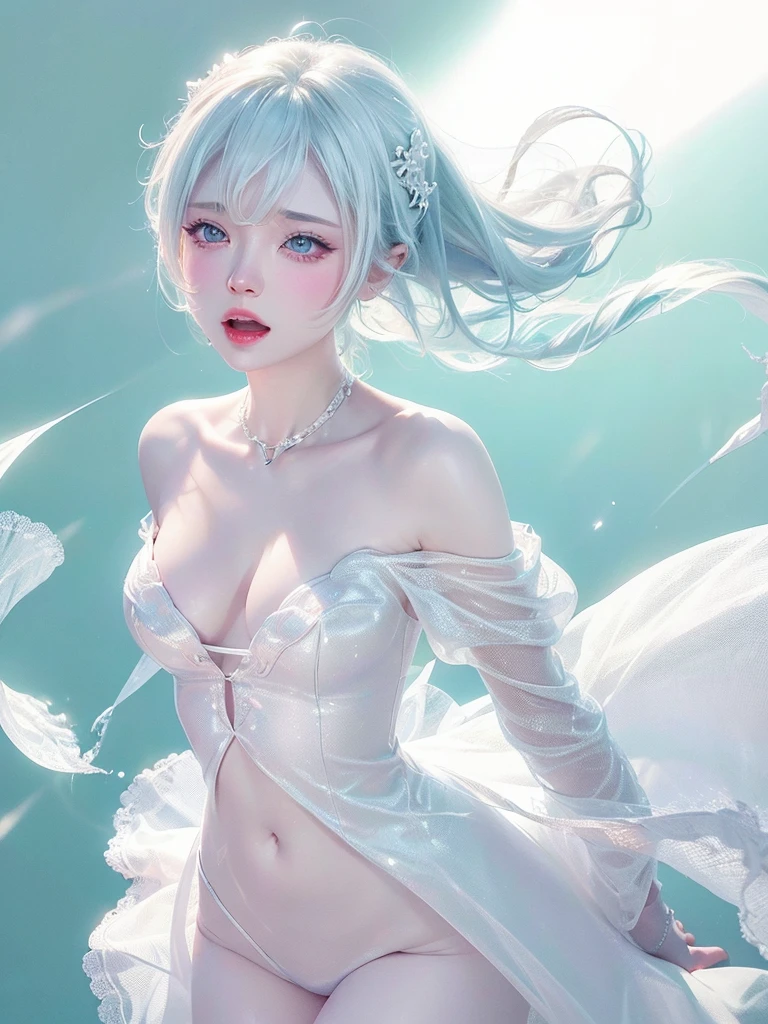 White Background、Professional Lighting、(((Professional Lighting 1.5)))、Translucent skin texture、Clear Skin、Beautiful Skin、、Off the shoulder、White Dress、Ecstasy of Musical Notes、Slim body type
