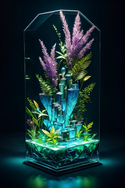 masterpiece of glass sculpture with plants inside, water, glowing, fantasy, high quality, high detail, best quality, rtx, 4k, 8k,