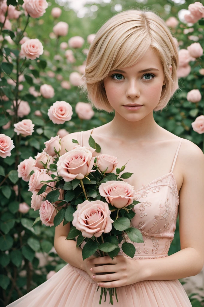 8k, photo and gross, fujifilm, Style photography of a beautiful young girl like Avril in a light pink rose garden. (very detailed skin: 1.2) Style-Petal BREAK short hair, blonde hair with colored highlights, wearing a dress, film grain, 35mm, beautiful style