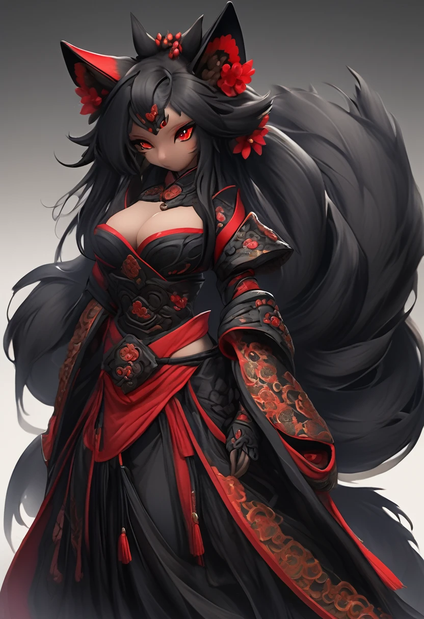 Beautiful black Kitsune, red eyes, highly detailed face, highly detailed eyes, big breasts, mature woman, several black kitsune tails, soft long Black Kitsune ears, Wearing Red And Black Shogun Armor, wide waist