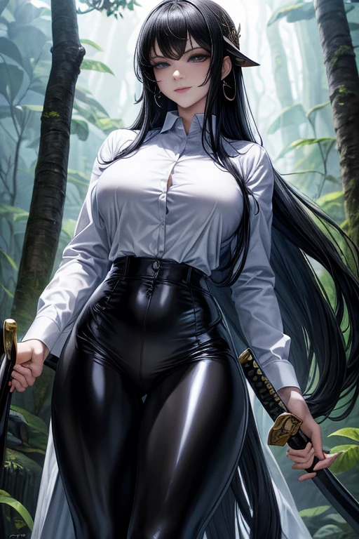 Masterpiece, high quality full length portrait of 1 woman (maduro)) YOUNG), Holding a katana, (Long sleeve white buttoned shirt), (shiny black leggings), beautiful thin face, detailed face, long hair, (black hair), BIG BREASTS, pale and light skin, detailed eyes, blue eyes, smug happy expression, set in a dark forest environment background, evening, Moonlight