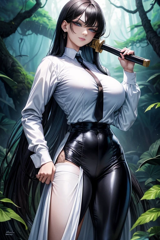 Masterpiece, high quality full length portrait of 1 woman (maduro)) YOUNG), Holding a katana, (Long sleeve white buttoned shirt), (shiny black leggings), beautiful thin face, detailed face, long hair, (black hair), BIG BREASTS, pale and light skin, detailed eyes, blue eyes, smug happy expression, set in a dark forest environment background, evening, Moonlight