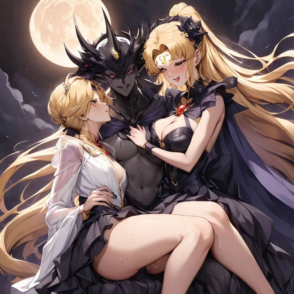((Highest quality)), ((masterpiece)), (detailed), (Perfect Face)、The woman is having sex with the majestic and powerful demon king Demande.、The woman is a dark queen with a black inverted crescent moon mark on her forehead, wearing a gorgeous, glittering black Gothic Victorian dress, a black veil, and a black see-through cape, as well as luxurious jeweled accessories.、The man is Demand, the dignified, evil, and powerful silver-haired demon king.、The Demon King of the Black Moon and the Dark Queen of the Black Moon having sex and making love、The woman is Black Serenity, the noble dark queen of the Black Moon clan and has blonde hair.2The woman with long hair tied up is Princess Serenity、A woman is embracing and having sex with a strong and evil demon king man.、The man is a strong and evil demon king who is embracing the woman and having sex with her.