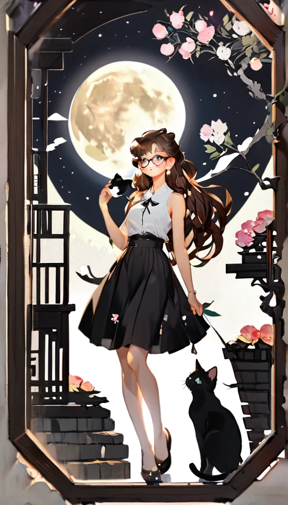 paper cutting style, 1 girl and 1 cat, long brown hair, curly hair, sleeveless shirt and black skirt, moon, glasses