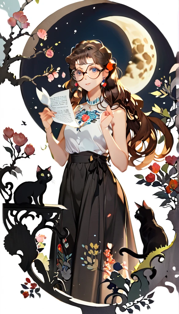 paper cutting style, 1 girl and 1 cat, long brown hair, curly hair, sleeveless shirt and black skirt, moon, glasses