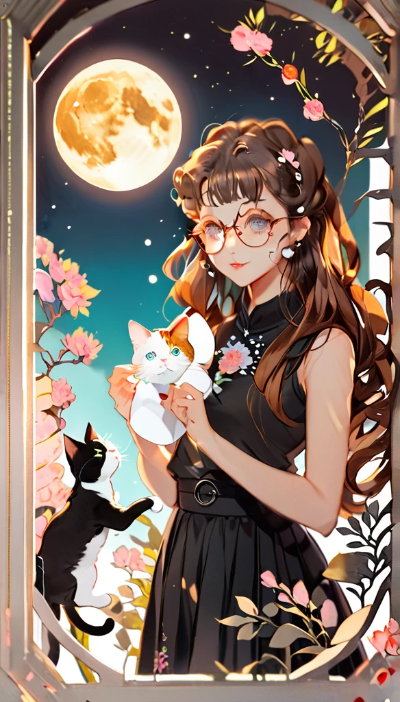 paper cutting style, 1 girl and 1 cat, long brown hair, curly hair, sleeveless shirt and black skirt, moon, glasses