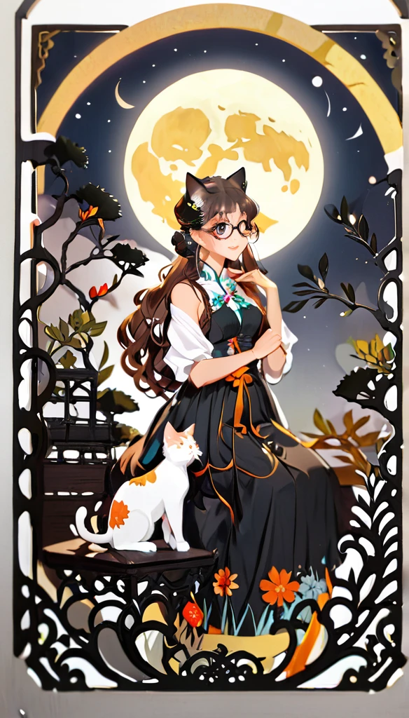 paper cutting style, 1 girl and 1 cat, long brown hair, curly hair, sleeveless shirt and black skirt, moon, glasses