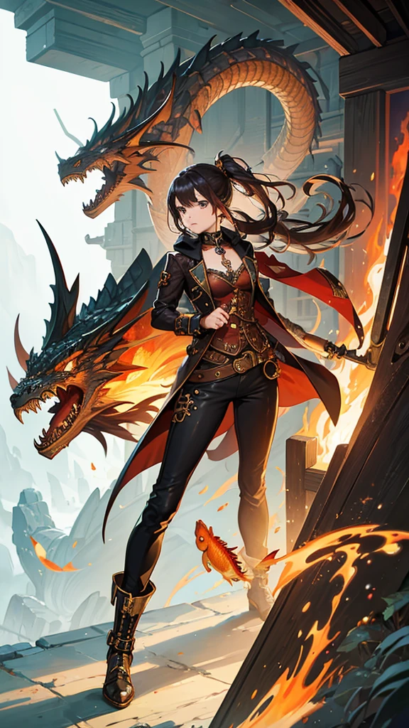  with dragon and goldfish appearance, steampunk style