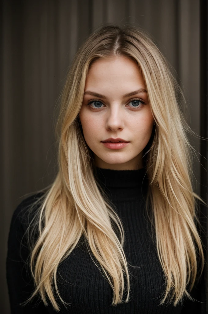super cute blond bartish woman in a dark theme,