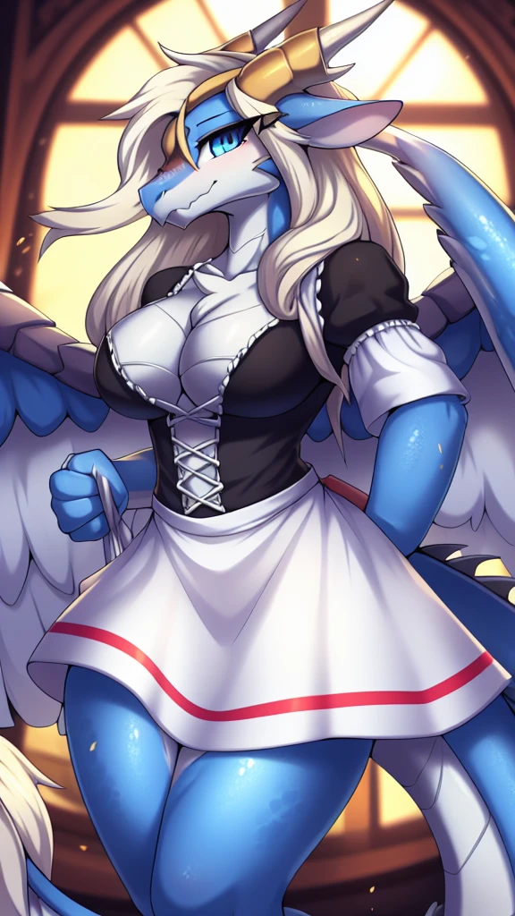 By zinfyu,by twistedscarlet60, uploaded on pixiv, by fluff-kevlar, (masterpiece), (best quality), (solo female:1.2), (extremely detailed:1.3),(detailed eye,black circle on eye,clear eye),saffira, Dragon, Dragon head, dragon wing, dragon tail, anthro dragon, close view, wearing maid dress, perfect circle breast, In mansion, cleaning, half body on potrait, only body and head,