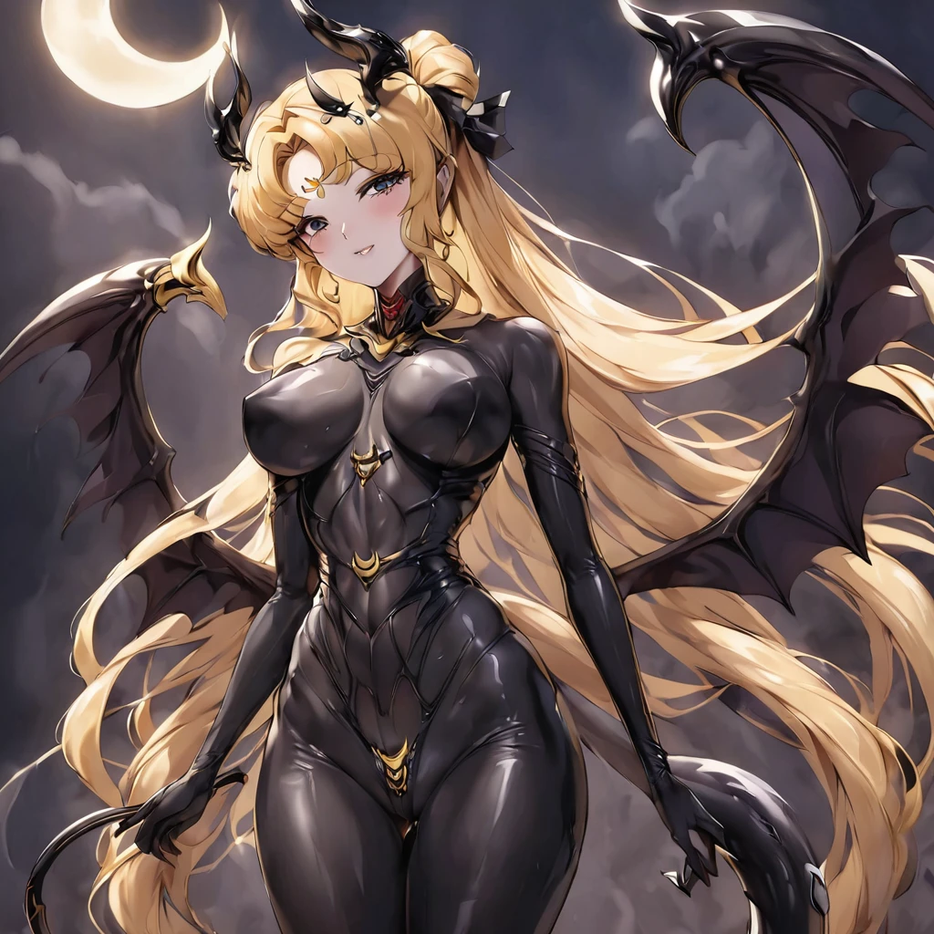 ((Highest quality)), ((masterpiece)), (detailed), （Perfect Face）、The woman is naked and is the bride of the Demon King, the Dark Queen of the Black Moon Clan, the Demon Queen, Devil Queen Serenity, and is wearing a shiny black full-body bodysuit decorated with gold, a sexy female demon with jet-black skin, Devil Queen Serenity.、The woman is a jet-black female demon with magnificent devil horns, jet-black devil wings, and a jet-black tail. Her skin is jet-black, and she has a black inverted crescent moon mark on her forehead. She is the jet-black demon Devil Queen Serenity, and she has blonde hair.２The expression of a girl in love with her long hair tied up、Woman is Devil Queen Serenity