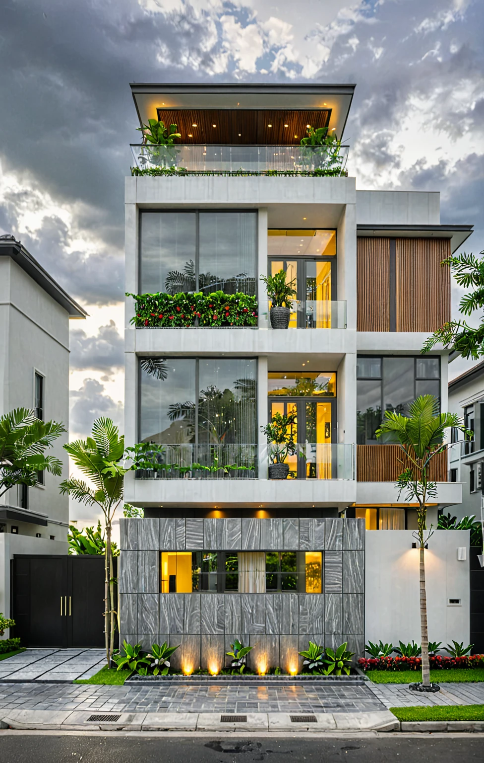 modern villa on street, (overcast lighting:1.2), tropical tree, vivid color, curve wall, streetcapes, nice sky, grey and wwhite tone, (large glass door:1.2), warm interior lighting, modern material, best quality, ultra realistic, masterpiece, 17ArchiAI_XL_VL-v1
