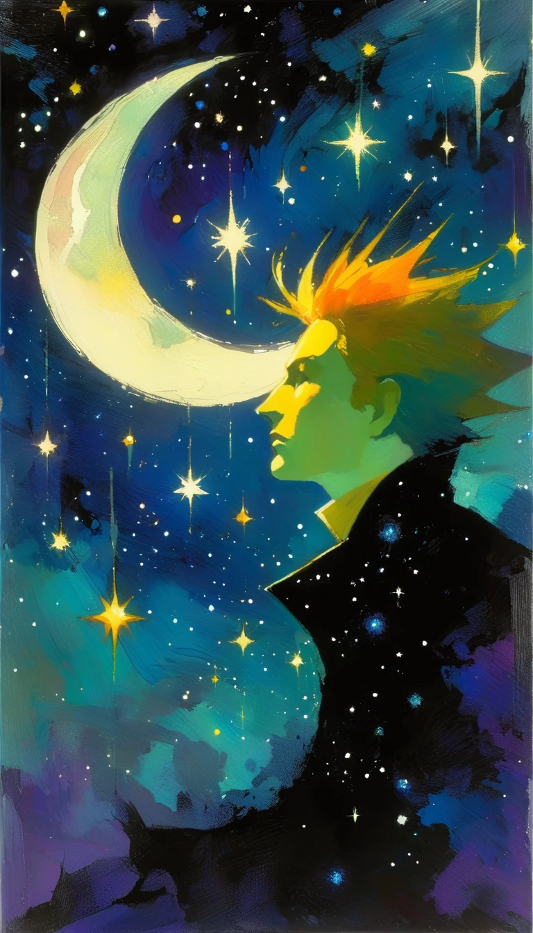 magic, fantastic, night sky, moon, stars, background, (simple oil painting in a style to Bill Sienkiewicz)

