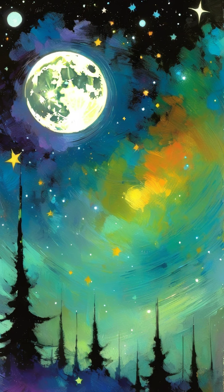 magic, fantastic, night sky, moon, stars, background, (simple oil painting in a style to Bill Sienkiewicz)
