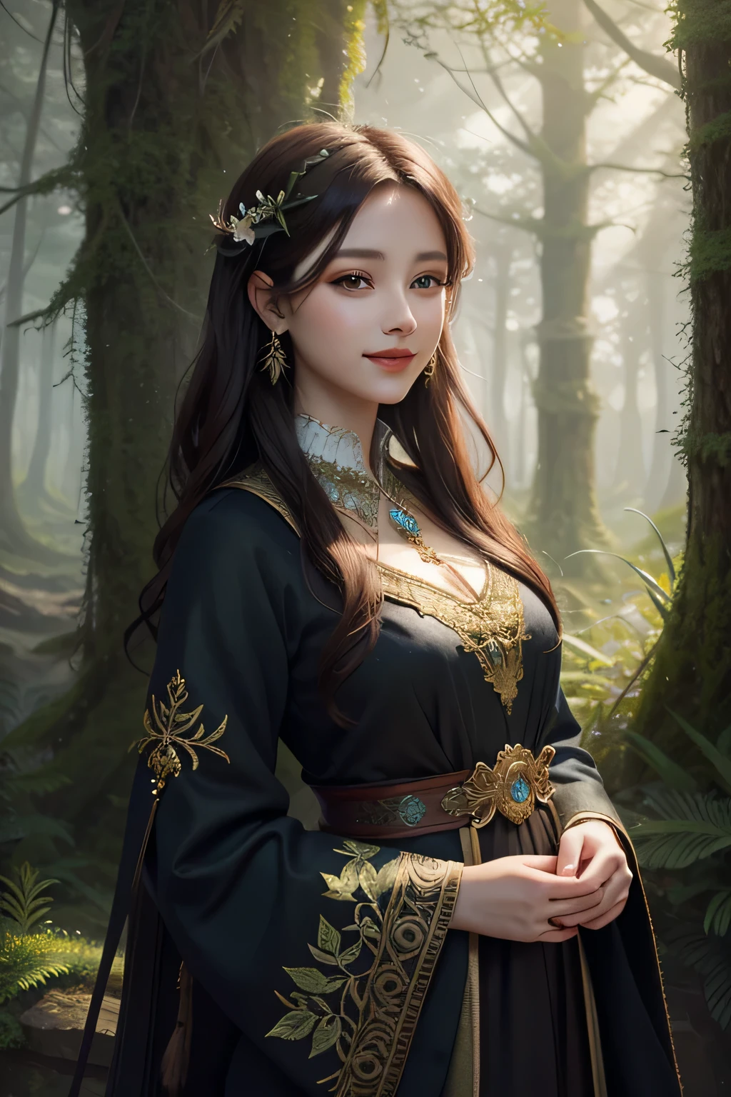 porrtrait of a woman in an ancient mystical forest with digital painting in a fantasy landscape style, smile
masterpiece, best quality, intricate detail,