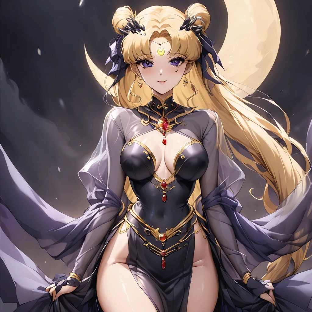((Highest quality)), ((masterpiece)), (detailed), (Perfect Face)、The woman has a black inverted crescent moon mark on her forehead, is a black, gorgeous, glittering, long-slit Chinese dress, a black veil, a black see-through cape, and is a dark queen wearing luxurious jeweled accessories.、The woman is Black Serenity, the noble dark queen of the Black Moon clan and has blonde hair.2The woman with long hair tied up is Princess Serenity